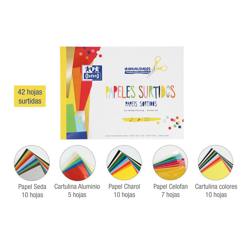 Oxford Manualidades Bloc Encolado Papeles Surtidos A4+ - Tapa Blanda - 42 Hojas - Ideal Para Proyectos Creativos