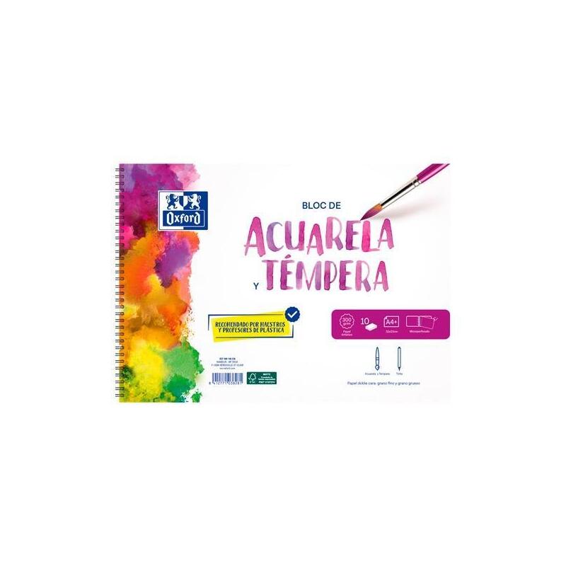 Oxford Pack Bloc Acuarela + 2 Pinceles 10h A4+ 300gr Microperforado