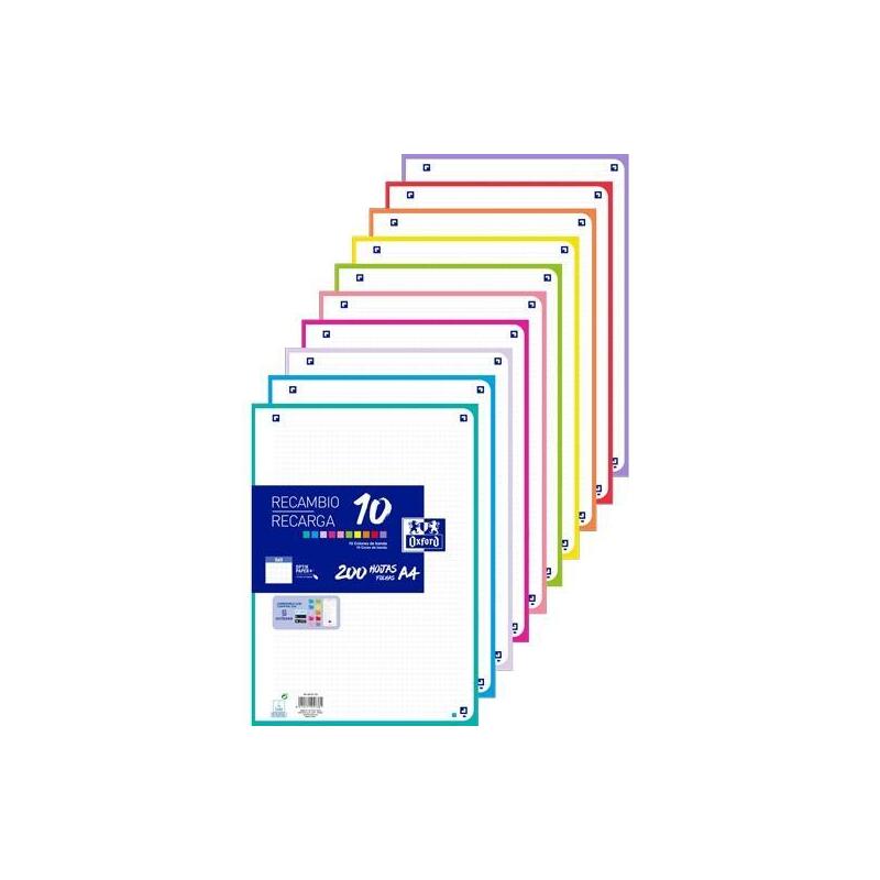 Oxford Recambio Paquete 200 Hojas Sueltas 4 Taladros A4 5x5 10 Colores