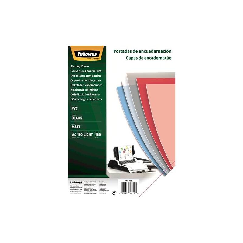 Pack 100 Portadas Pvc Opaco Negro 180 Micras A4 Fellowes  Pack 100 Portadas Pvc Opaco Negro 180 Micras A4 Fellowes 5100301