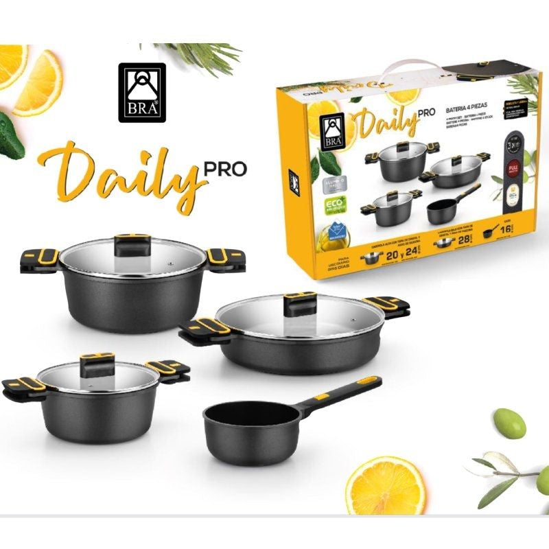 Pack 4 Cacerolas Bra Daily Pro Ø16cm Ø20cm Ø24cm Ø28cm Apta Para Inducción