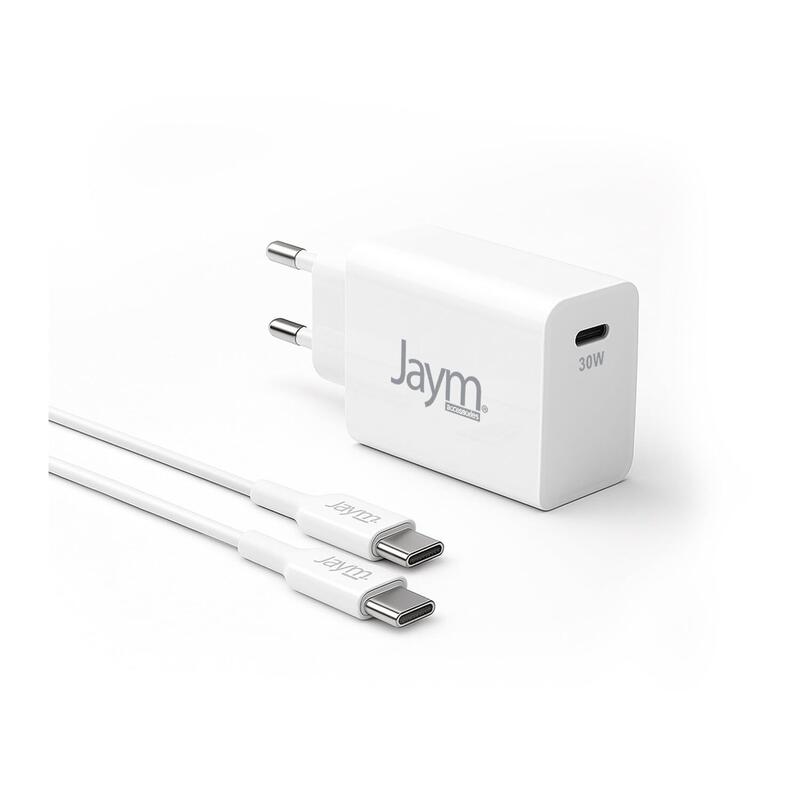Pack Cargador De Red Compact Et Rápido *Gan* Usb-C 30w Pd Et Pps + Cable Usb-C Vers Usb-C 2m (60w) Blancos - Jaym®
