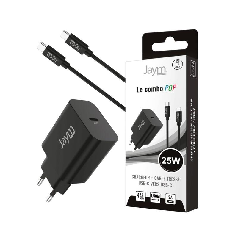 Pack Cargador De Red Usb-C Pd 25w + Cable Tressé Usb-C Vers Usb-C 1.5m (60w) - Negro - Jaym® Pop