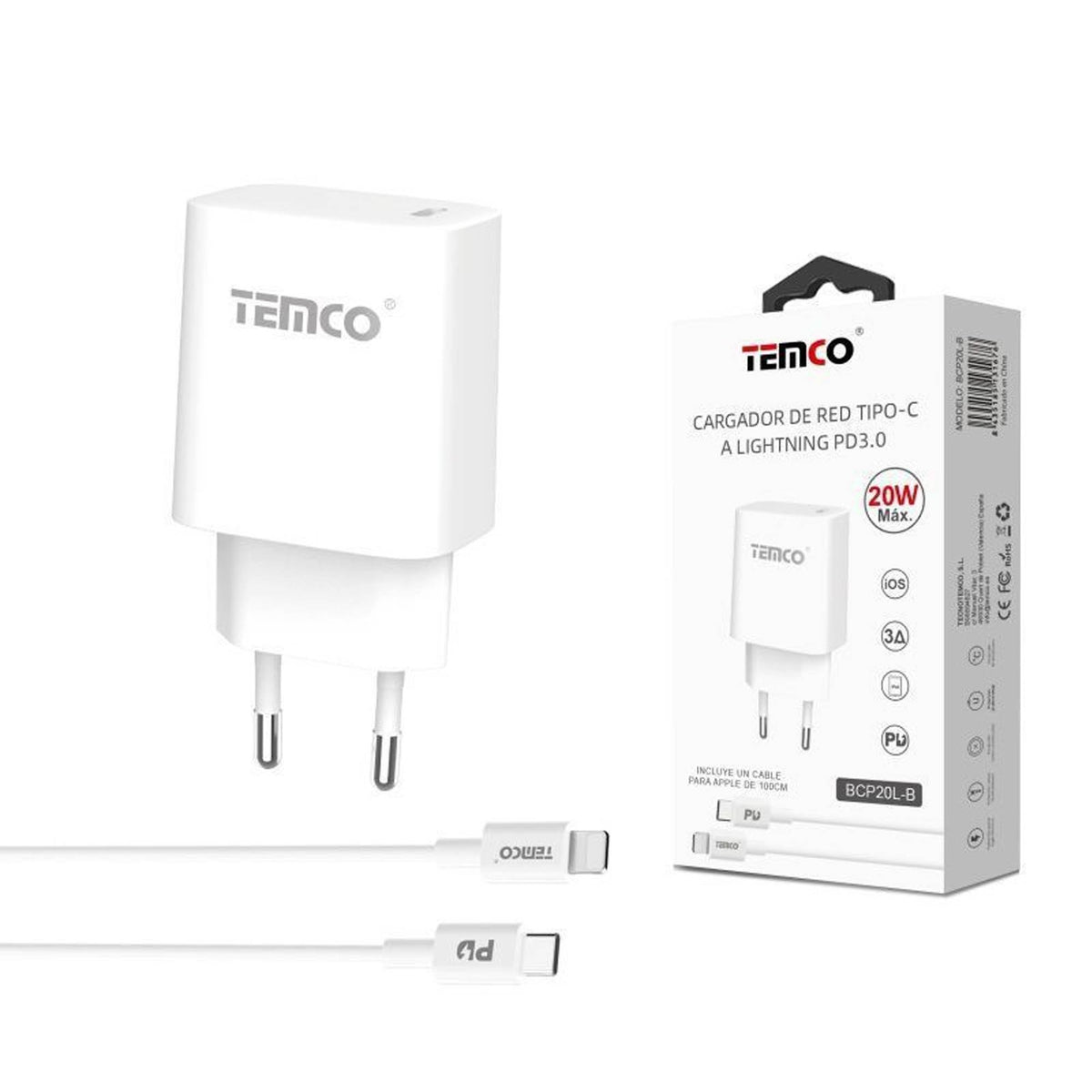 Pack Cargador Usb-C Pd20W + Cable Lightning 3A 1M Blanco