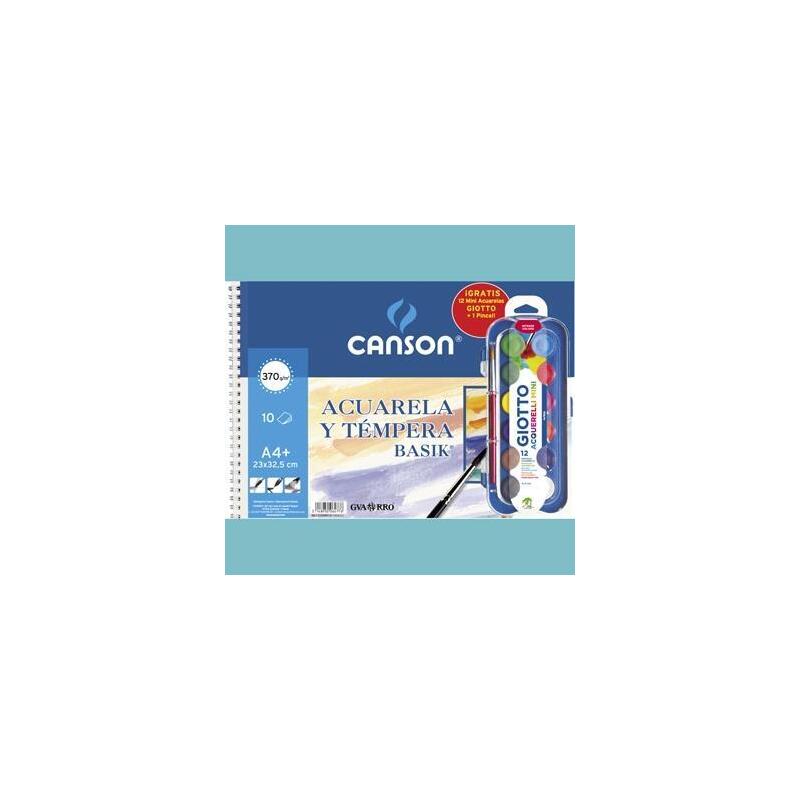 Pack De 10 Unidades Canson Bloc Acuarela Y Témpera Basik Espiral 10 Hojas + 12 Acuerlas Mini + Pincel Gratis 370gr 23x32,5cm Unitario