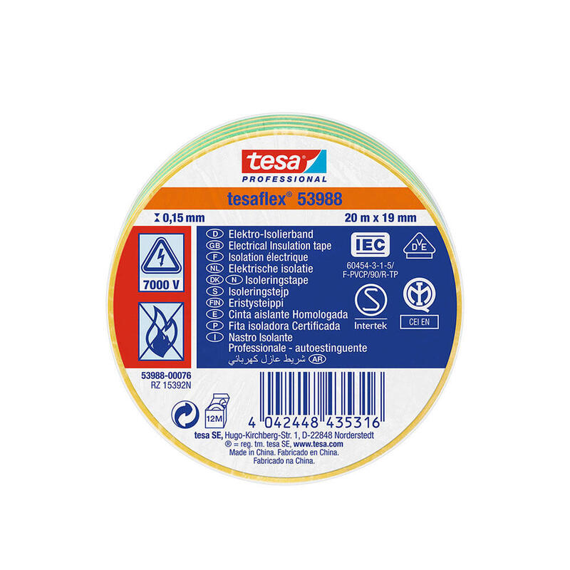 Pack De 10 Unidades - Cinta Aislante Homologada Bicolor 20m X 19mm 53988 Tesa