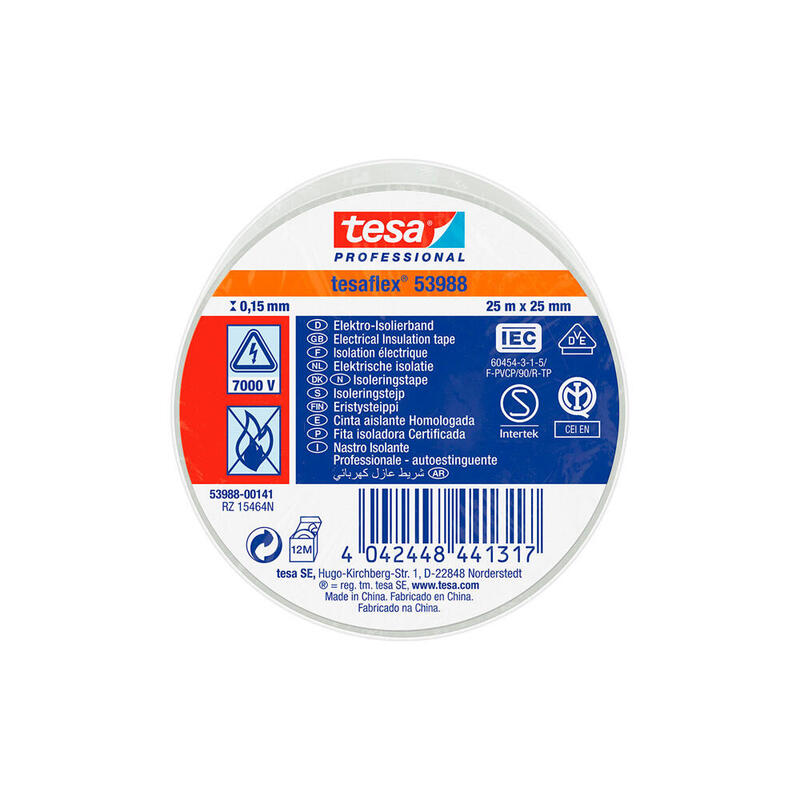 Pack De 10 Unidades - Cinta Aislante Homologada Blanca 25m X 25mm 53988 Tesa