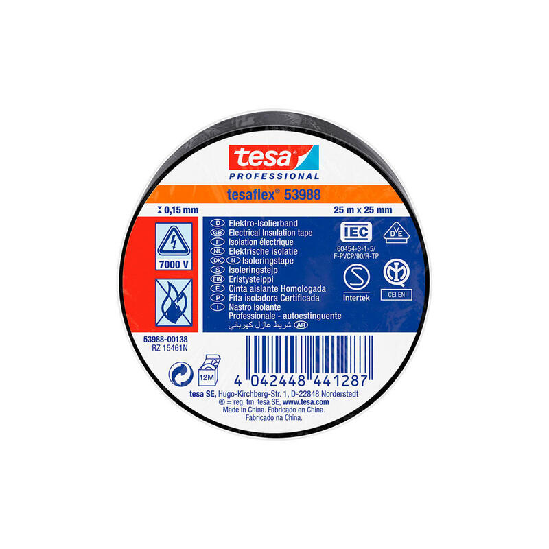 Pack De 10 Unidades - Cinta Aislante Homologada Negra 25m X 25mm 53988 Tesa