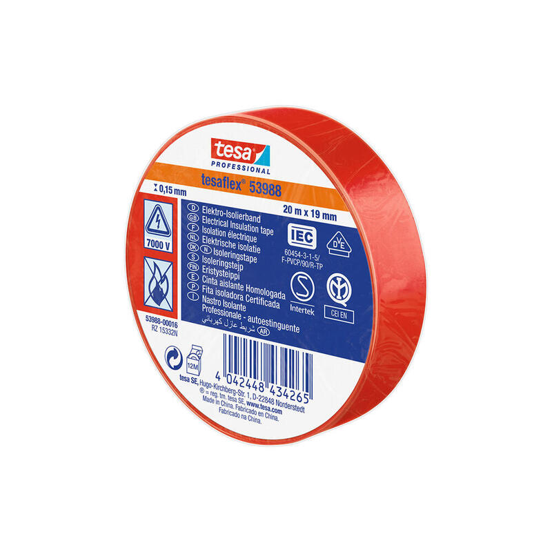 Pack De 10 Unidades - Cinta Aislante Homologada Roja 20m X 19mm 53988 Tesa
