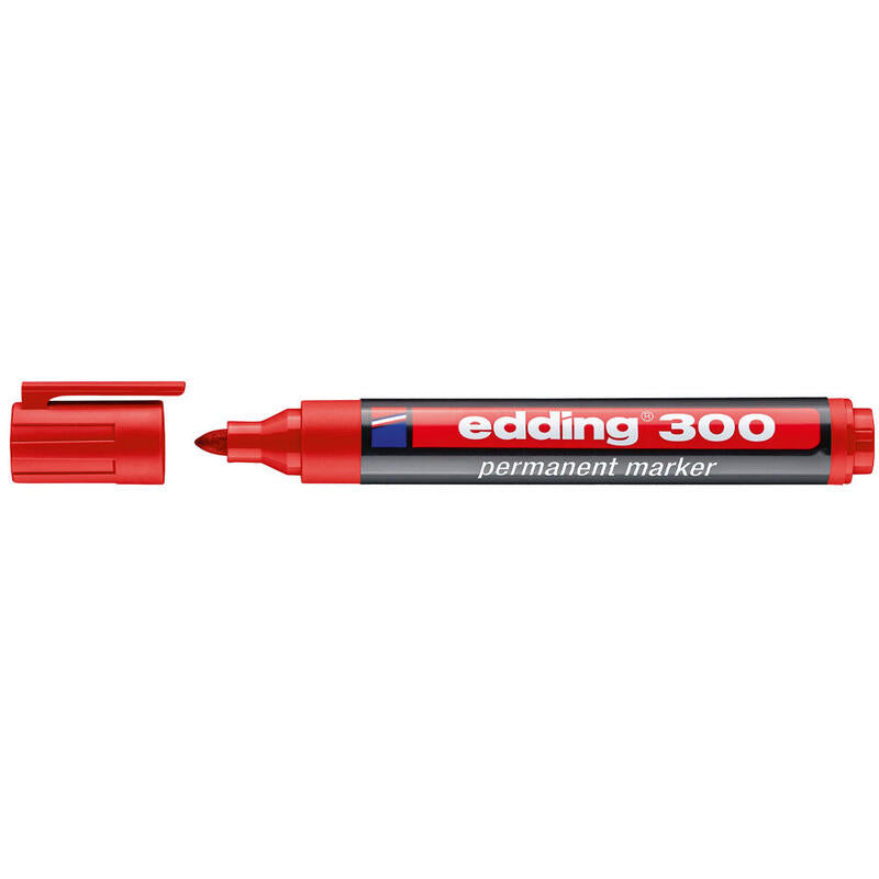 Pack De 10 Unidades Edding 300 Rotulador Permanente Punta Redonda - Trazo Entre 1.5 Y 3 Mm. - Tinta Casi Inodora - Capuchon Con Clip - Secado Rapido - Color Rojo