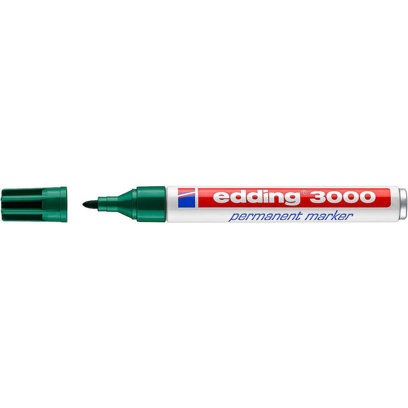 Pack De 10 Unidades Edding 3000 Rotulador Permanente Punta Redonda De 1.5mm - Trazo Entre 1.5mm Y 3.0mm - Recargable - Secado Instantaneo - Color Verde