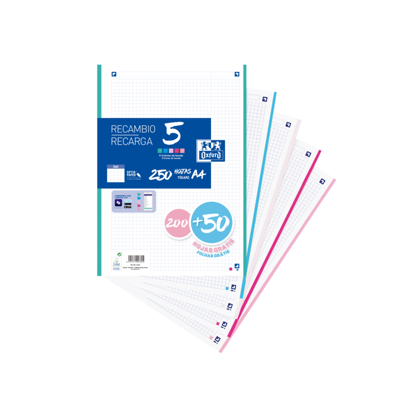 Pack De 10 Unidades Oxford School Pack De 5 A4 Recambio - 200+50 Hojas - Colores Surtidos