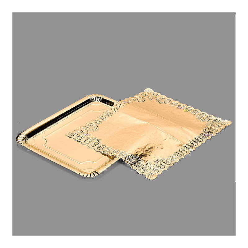 Pack De 12 Unidades - Bandeja Rectangular Con Blonda Oro 31 X 38 Cm