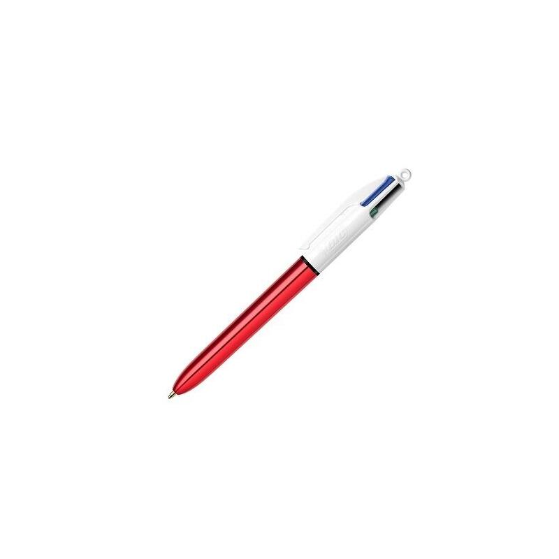 Pack De 12 Unidades Bic 4 Colours Shine Boligrafo De Bola Retractil - Punta De 1mm - Trazo De 0.4mm - Tinta Con Base De Aceite - Cuerpo Rojo Metalizado/Blanco - 4 Colores