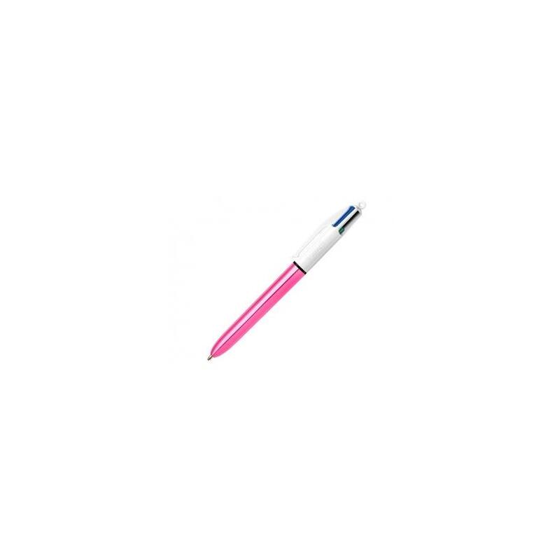 Pack De 12 Unidades Bic 4 Colours Shine Boligrafo De Bola Retractil - Punta De 1mm - Trazo De 0.4mm - Tinta Con Base De Aceite - Cuerpo Rosa Metalizado/Blanco - 4 Colores