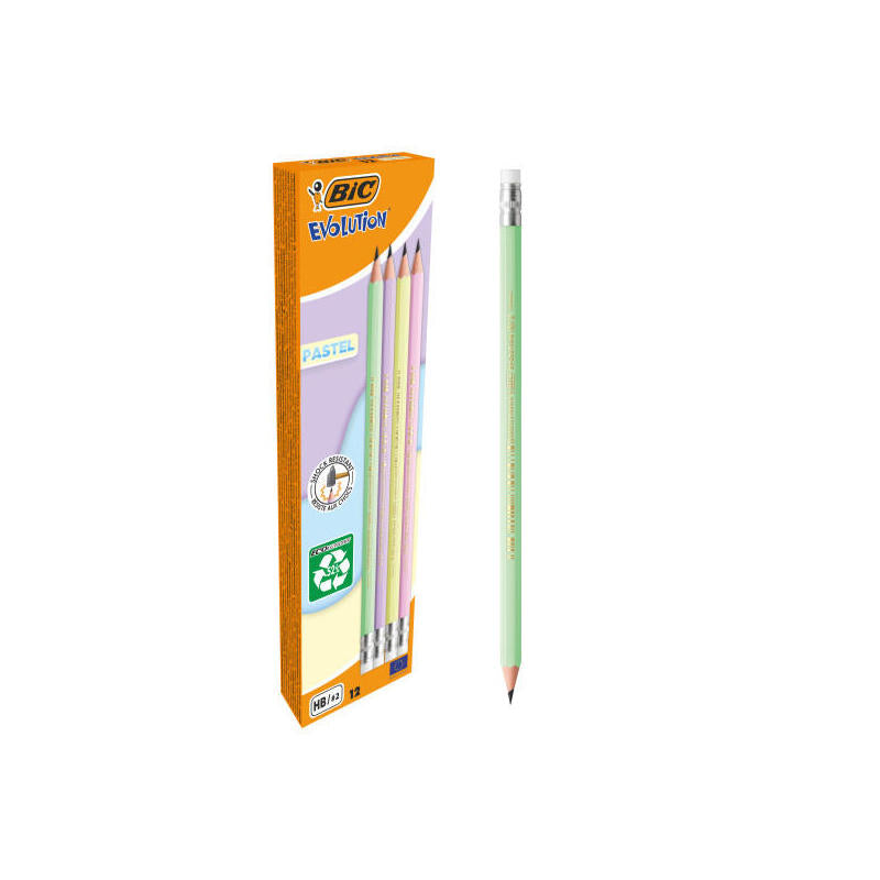 Pack De 12 Unidades Bic Evolution Pastel Lapiz De Grafito Hexagonal Con Goma - Mina Hb Ultrarresistente - Sin Madera -