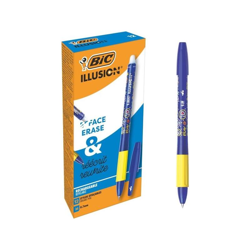 Pack De 12 Unidades Bic Illusions Boligrafo Borrable - Punta Media De 0.7mm - Grip De Goma - Recargable - Azul