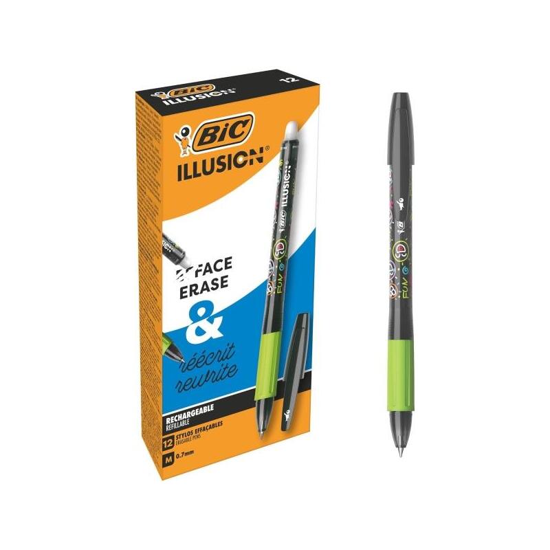 Pack De 12 Unidades Bic Illusions Boligrafo Borrable - Punta Media De 0.7mm - Grip De Goma - Recargable - Negro