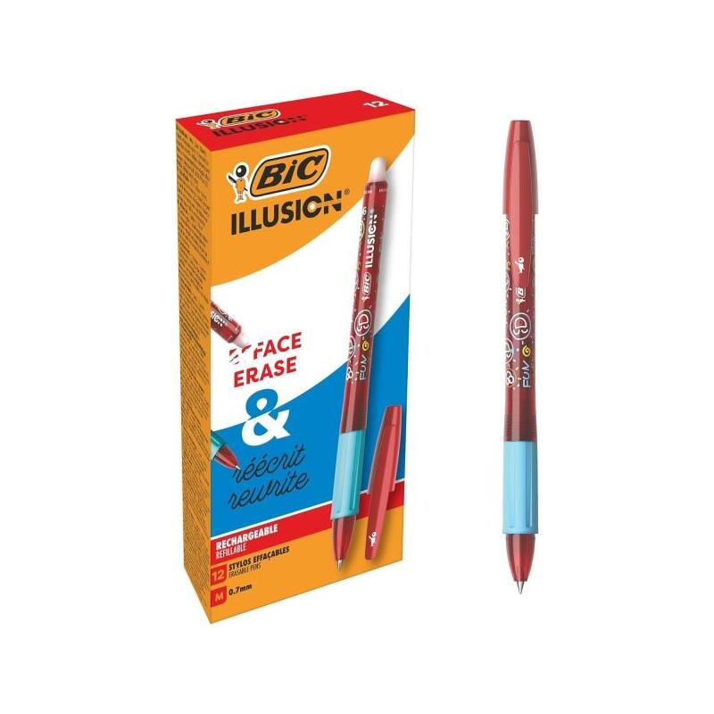 Pack De 12 Unidades Bic Illusions Boligrafo Borrable - Punta Media De 0.7mm - Grip De Goma - Recargable - Rojo