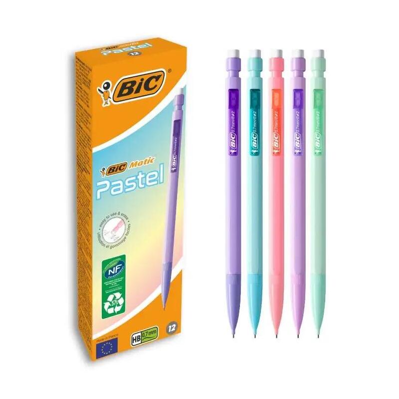 Pack De 12 Unidades Bic Matic Pastel Portaminas 0.7mm Hb Con Goma - Punta Retractil - Cuerpo De Colores Pastel Surtidos