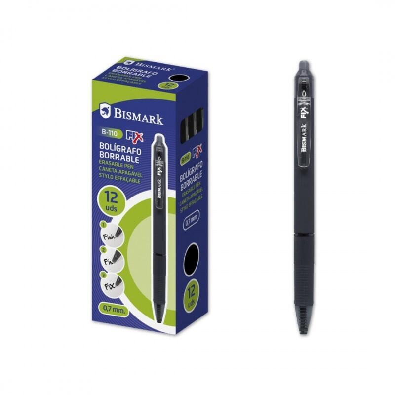 Pack De 12 Unidades Bismark Fix Boligrafo Retractil Borrable - Punta Fina 0.7mm - Con Clip - Color Negro