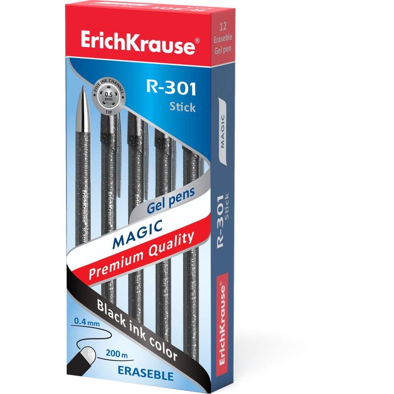 Pack De 12 Unidades Erichkrause Boligrafo De Gel Borrable R-301 Magic Gel 05 - Cuerpo Redondo Teñido Y Semitransparente - Tinta De Gel De Secado Rapido - Color Negro
