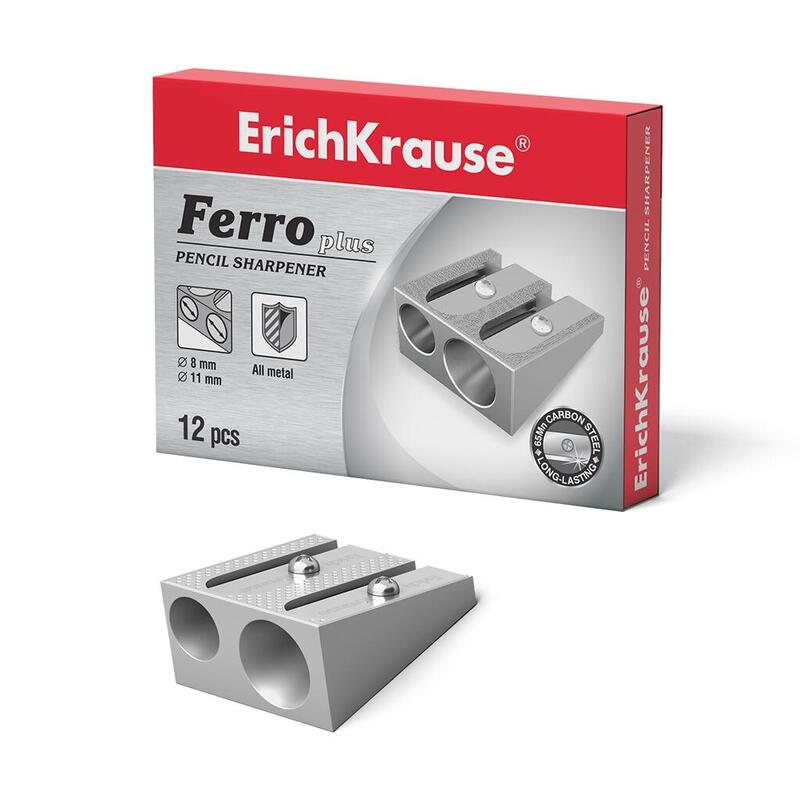 Pack De 12 Unidades Erichkrause Ferro Plus - Sacapuntas Doble De Aluminio - Agarre Ergonomico - Dos Agujeros De 8mm Y