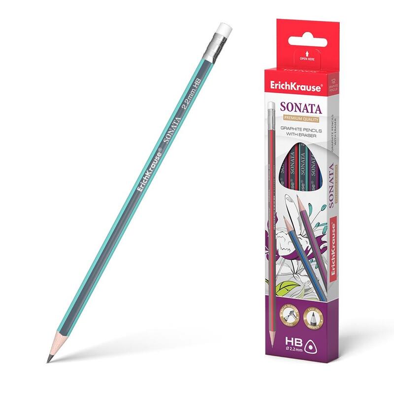 Pack De 12 Unidades Erichkrause Sonata Hb - Lapiz De Grafito Triangular Con Goma De Borrar - Madera Seleccionada - Dureza Hb - Resistente Al Impacto - Facil Afilado - No Araña El Papel - Borrador De Dureza Media - Caucho Termoplastico Hipoa