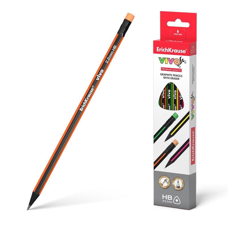 Pack De 12 Unidades Erichkrause Vivo Hb - Lapiz De Grafito Triangular Con Goma De Borrar - Madera Seleccionada - Alta Resistencia Al Impacto - Facil Afilado - Mina No Araña El Papel - Borrador De Dureza Media - Color Negro