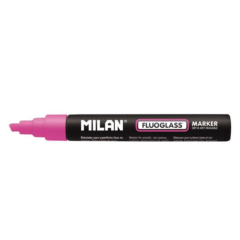 Pack De 12 Unidades Milan Fluoglass Rotulador Superficies Lisas - Punta Biselada - Trazo De 2 - 4mm - Tinta Al Agua - Borrado Facil - Color Rosa