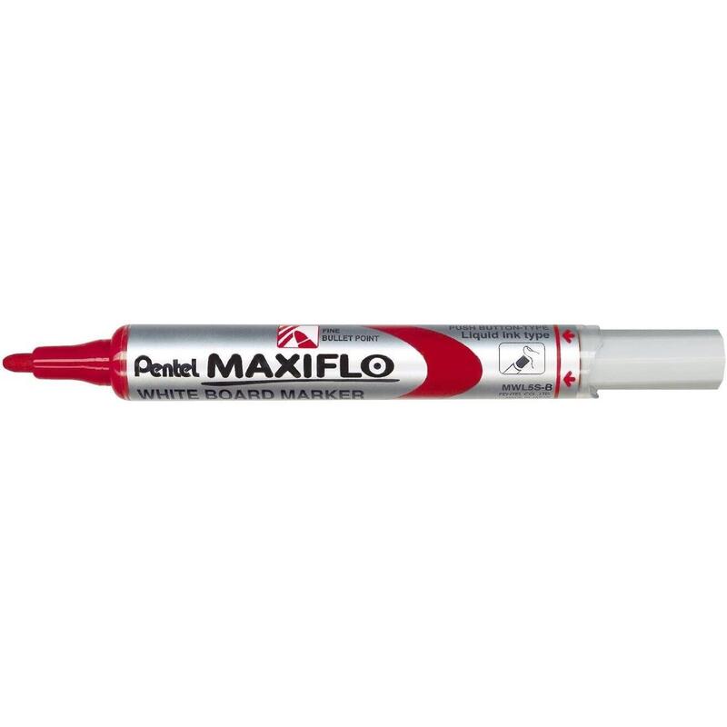 Pack De 12 Unidades Pentel Maxiflo Rotulador Para Pizarra Blanca - Regulacion Del Flujo De Tinta - Punta De Bala - Ancho De Linea 2mm - 50% De Materiales Reciclados - Color Rojo