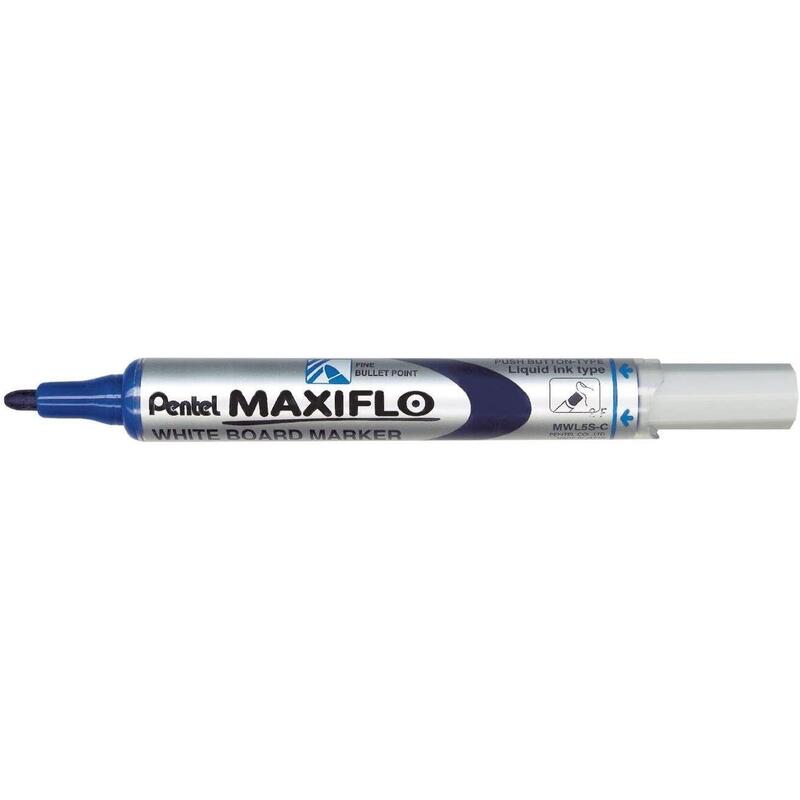 Pack De 12 Unidades Pentel Maxiflo Rotulador Para Pizarra Blanca - Regulacion Del Flujo De Tinta - Punta De Bala - Ancho De Linea 2mm - 50% De Materiales Reciclados - Color Azul