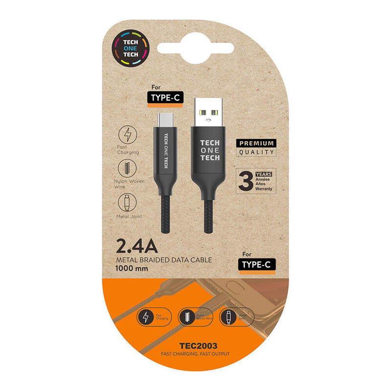 Pack De 2 Unidades - Cable Nylon Usb-A A Usb-C 1m Negro