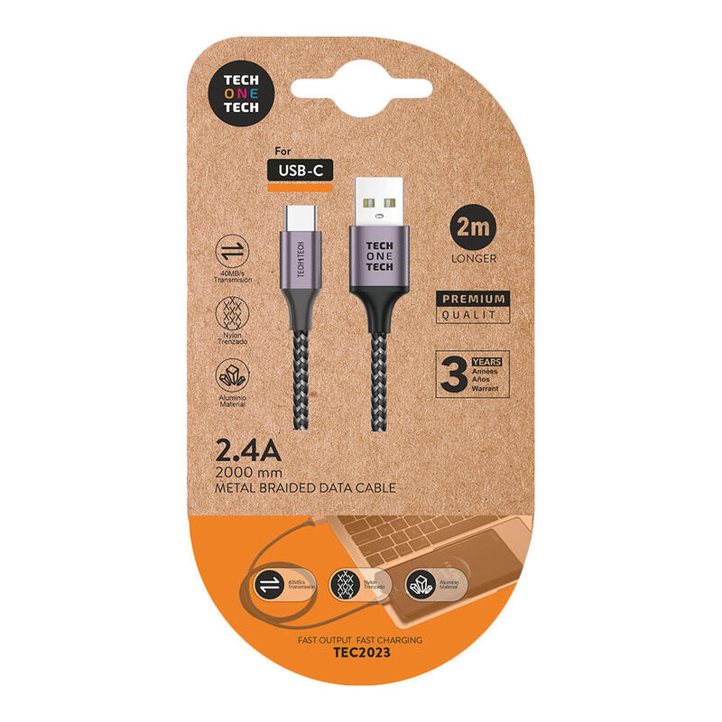 Pack De 2 Unidades - Cable Nylon Usb-A A Usb-C 2 M Gris