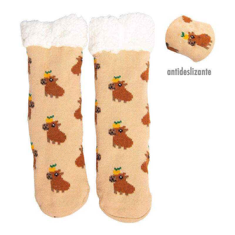 Pack De 2 Unidades - Calcetines Capibara Estampados Antideslizantes Con Forro De Borreguito Suave, Talla 36 - 41