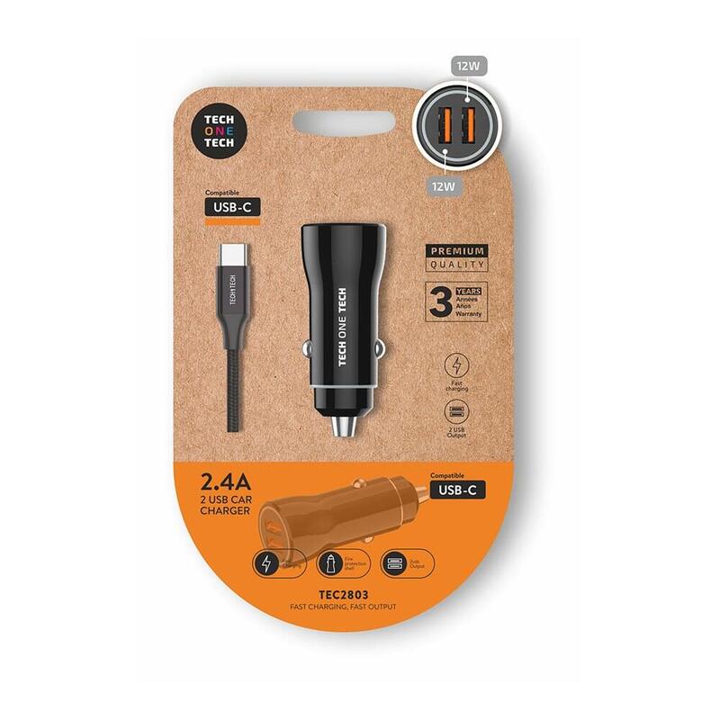 Pack De 2 Unidades - Cargador Mechero Coche 2 X Usb-A, 12 W, Negro + Cable Usb-C De 1 M