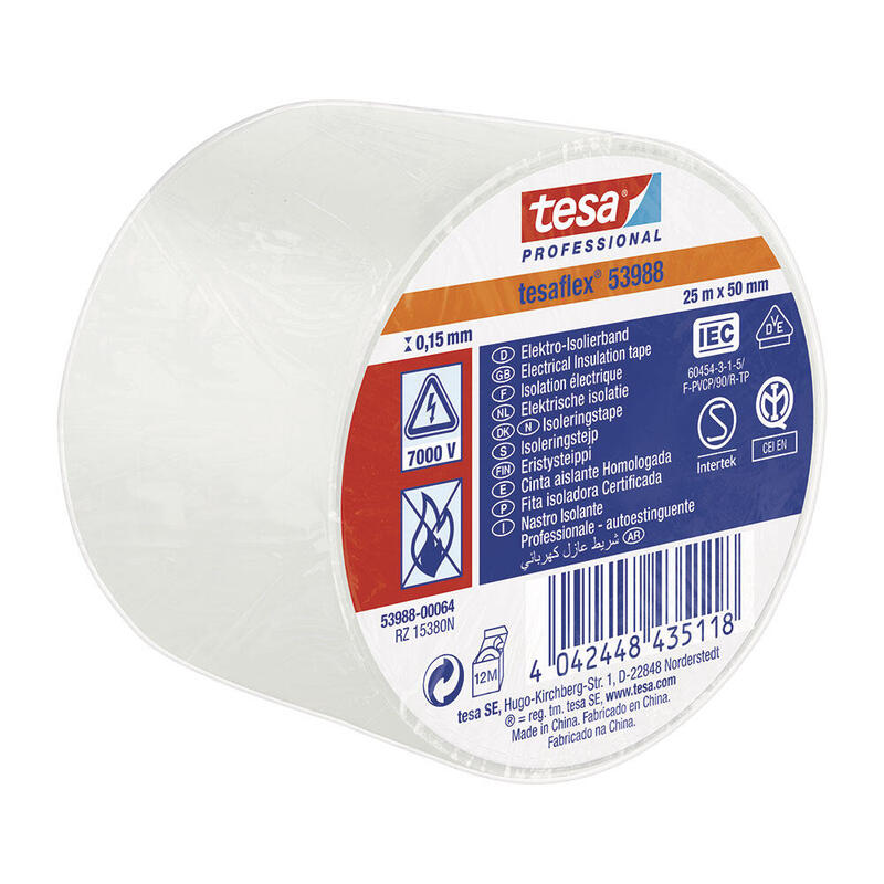Pack De 2 Unidades - Cinta Aislante Homologada Blanca 25m X 50mm 53988 Tesa