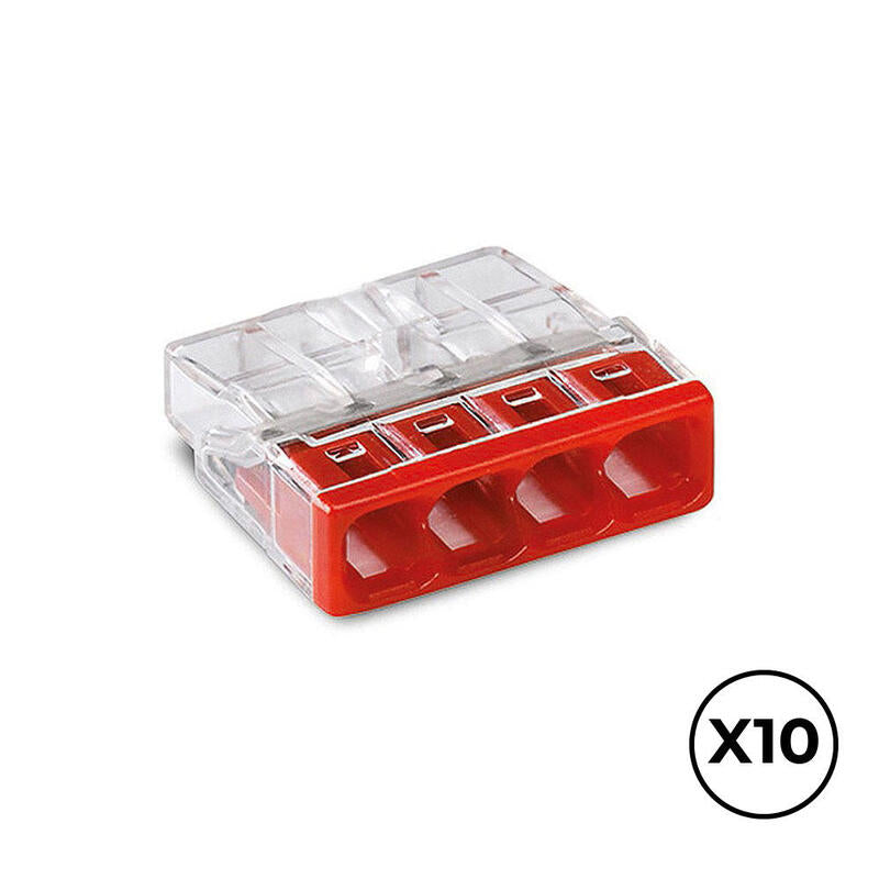 Pack De 2 Unidades - Conector Rápido 4 Conductores Rígidos, Ø Maximo 2,5 Mm², Transparente / Roja. Contiene 10 Unidades