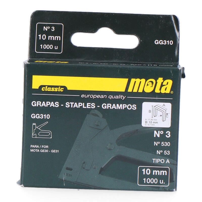 Pack De 2 Unidades - Grapas Nº 3 De 10mm 1000 Unid. Espesor 0,7mm Gg310 Mota