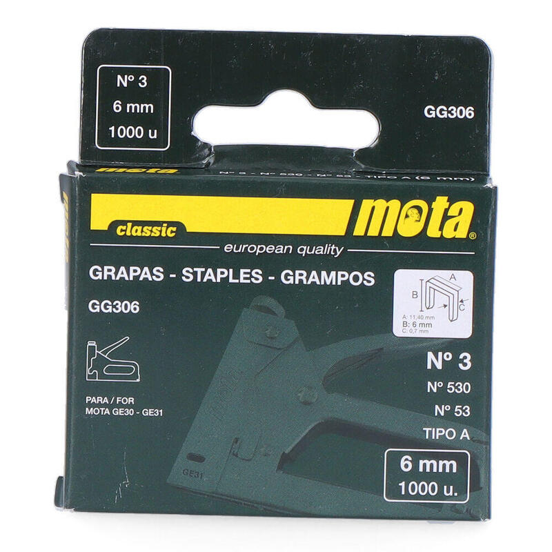 Pack De 2 Unidades - Grapas Nº 3 De 6mm 1000 Unid. Espesor 0,7mm Gg306 Mota