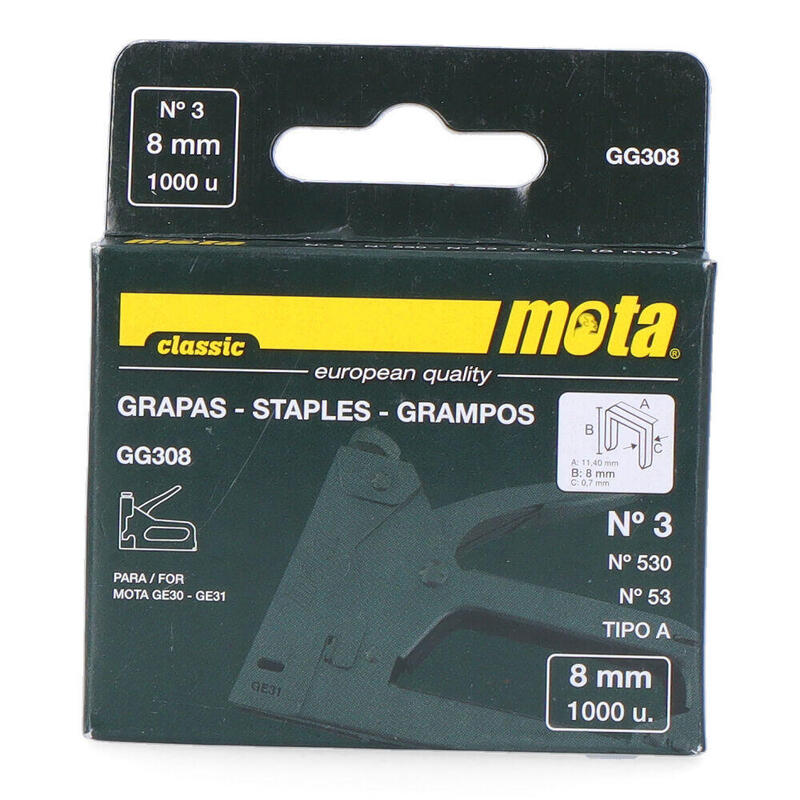 Pack De 2 Unidades - Grapas Nº 3 De 8mm 1000 Unid. Espesor 0,7mm Gg308 Mota