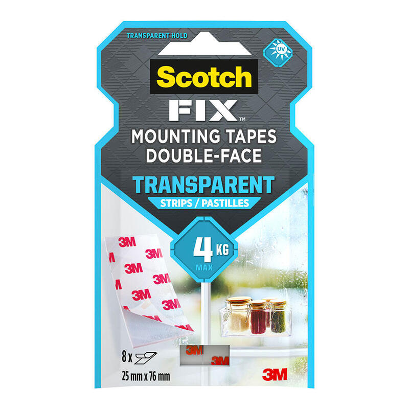 Pack De 2 Unidades - Tira Adhesiva Doble Cara Transparente, Máx 4 Kg, 25mmx76mm, 8 Uds