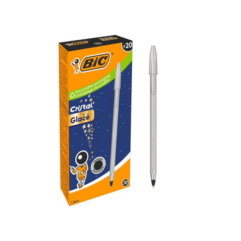 Pack De 20 Unidades Bic Cristal Glace Boligrafo De Bola - Cuerpo Opaco En Color Plata Mate - Punta Redonda De 1mm -