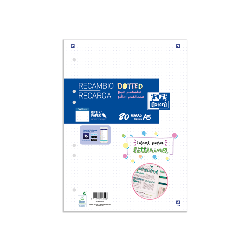 Pack De 20 Unidades Oxford School A5 Recambio Paquete Dots 80 Hojas - Papel De Alta Calidad - Puntos Para Organizar Tus