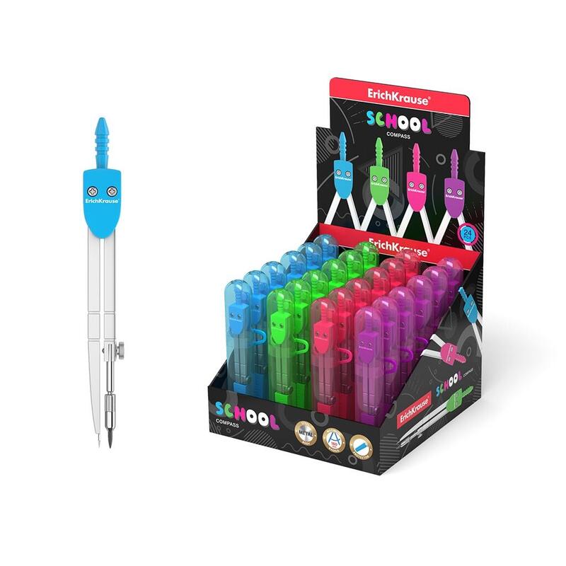 Pack De 24 Unidades Erichkrause Compas De Metal School 120mm - Radio Maximo 18 Cm - Estuche De Plastico Con Regla Incluida - Colores Neon - Caja De Plastico Con Colgador