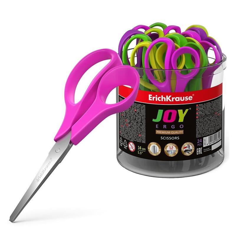 Pack De 24 Unidades Erichkrause Tijeras Joy Ergo - Cuchillas De Acero Inoxidable - Extremos Redondeados - Resistente A La Corrosion - Mangos Ergonomicos - Color Negro