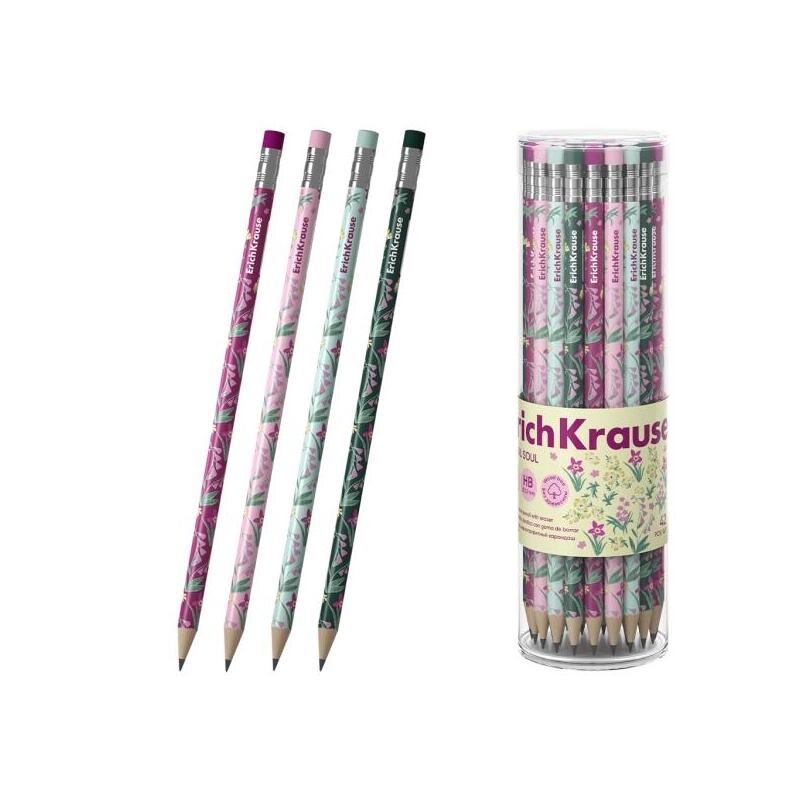 Pack De 42 Unidades Erichkrause Floral Soul Lapiz De Grafito Con Goma De Borrar - Mina Hb - Cuerpo Redondo - Plastico -