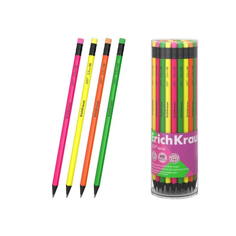 Pack De 42 Unidades Erichkrause Joy Neon Lapiz De Grafito Con Goma De Borrar - Mina Hb - Cuerpo Redondo - Plastico -