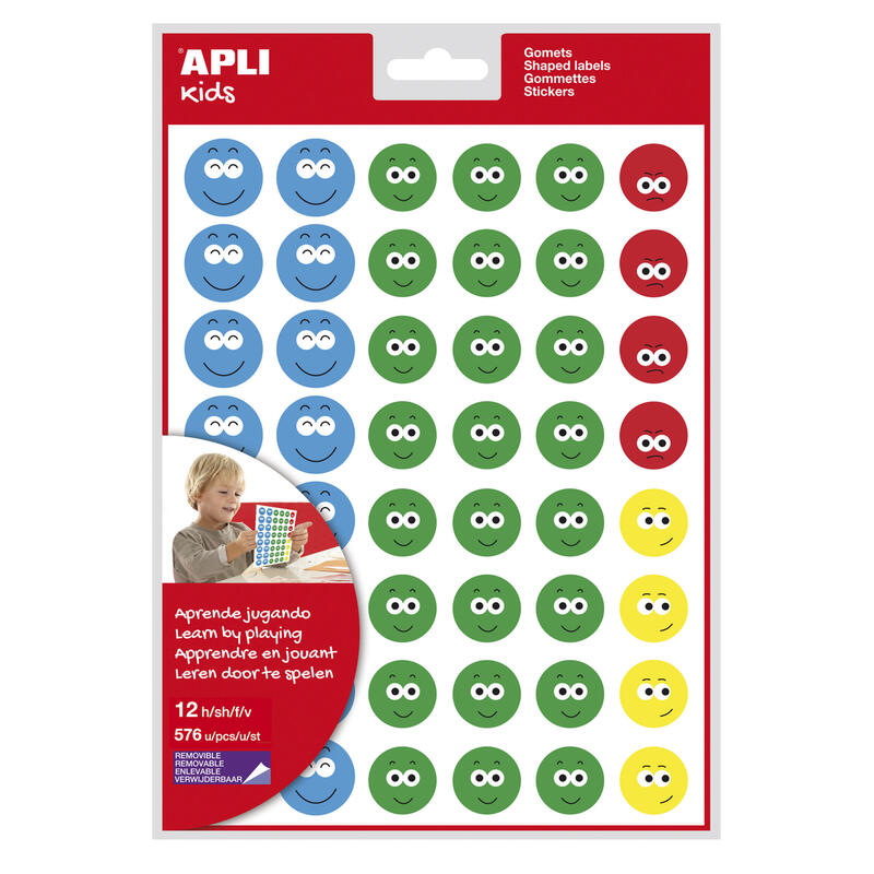 Pack De 5 Unidades Apli Gomets Cara Feliz Ii - 576 Gomets Por Bolsa - 4 Estilos De Cara Diferentes - Motivan Y Premian A Los Niños - Enseñan A Expresar Sentimientos - Adhesivo Base Agua - Libre De Disolventes
