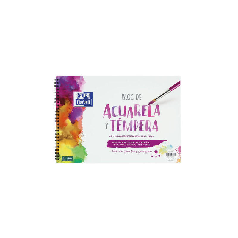 Pack De 5 Unidades Oxford Bloc De Acuarela Y Tempera Escolar Espiral Formato A4+ Liso - 20 Hojas Microperforadas 300gr Color Natural - Papel De Doble Cara: Grano Grueso Y Grano Fino